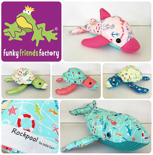 Toys sewn in Rockpool Fabric Range by Jodie Carleton