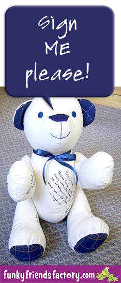 A signature memory bear sewn by Sue Martins