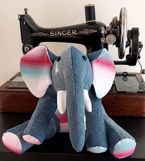 Elephant toy in denim fabric sewn by Lorna Moore