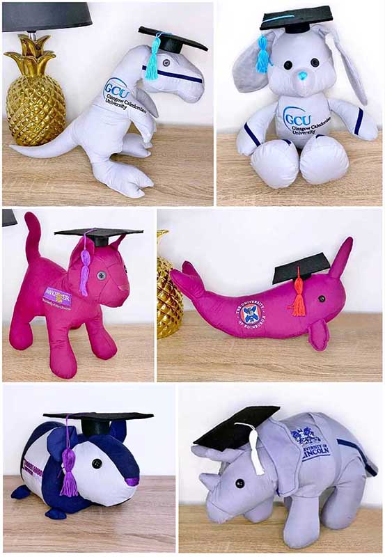 Lots of graduation toys sewn by Designs by Jasmin