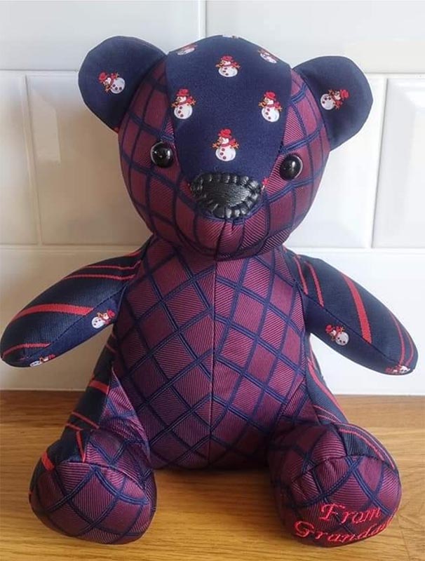 Memory Bear pattern sewn from CHristmas neck ties by LynnMcLaren