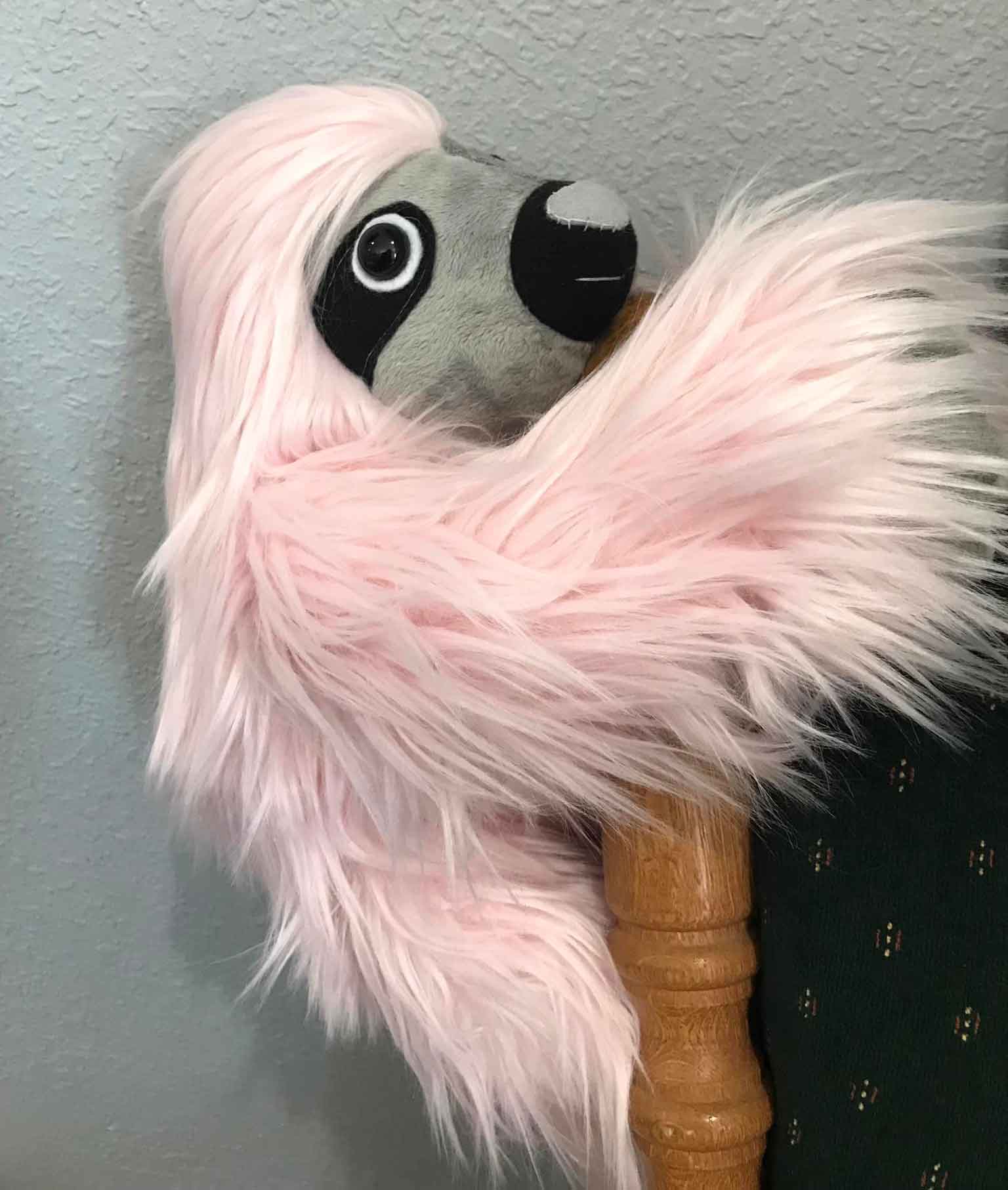 Sloth sewing pattern sewn in pink fur
